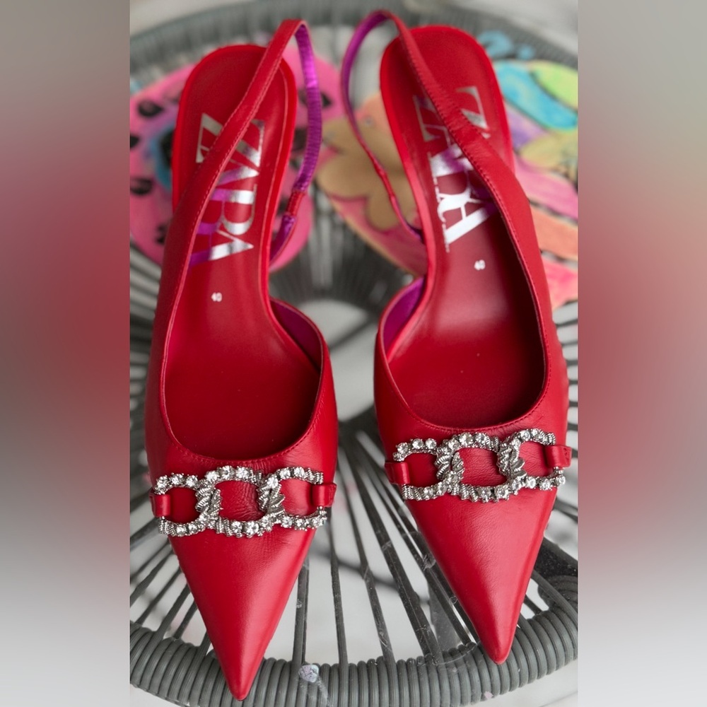 Zara Crimson Heels with Metallic Embellishments